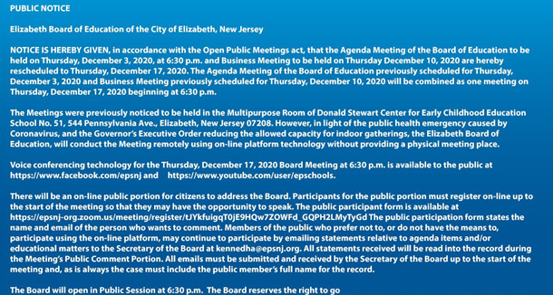  Public Notice - Board of Education Agenda/Business Meeting December 17th